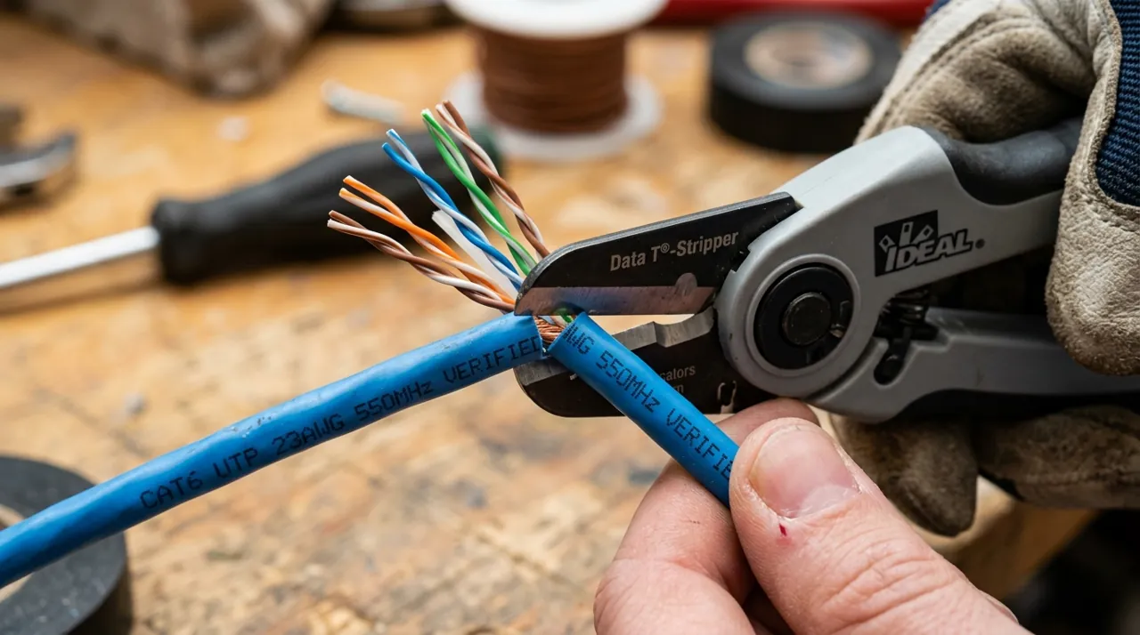 An electrician stripping a Cat6 cable