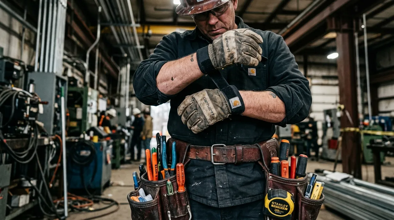 An electrician tightening work gloves