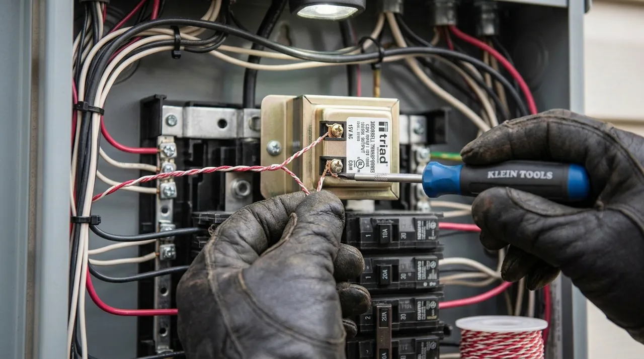 An electrician wiring a doorbell transformer