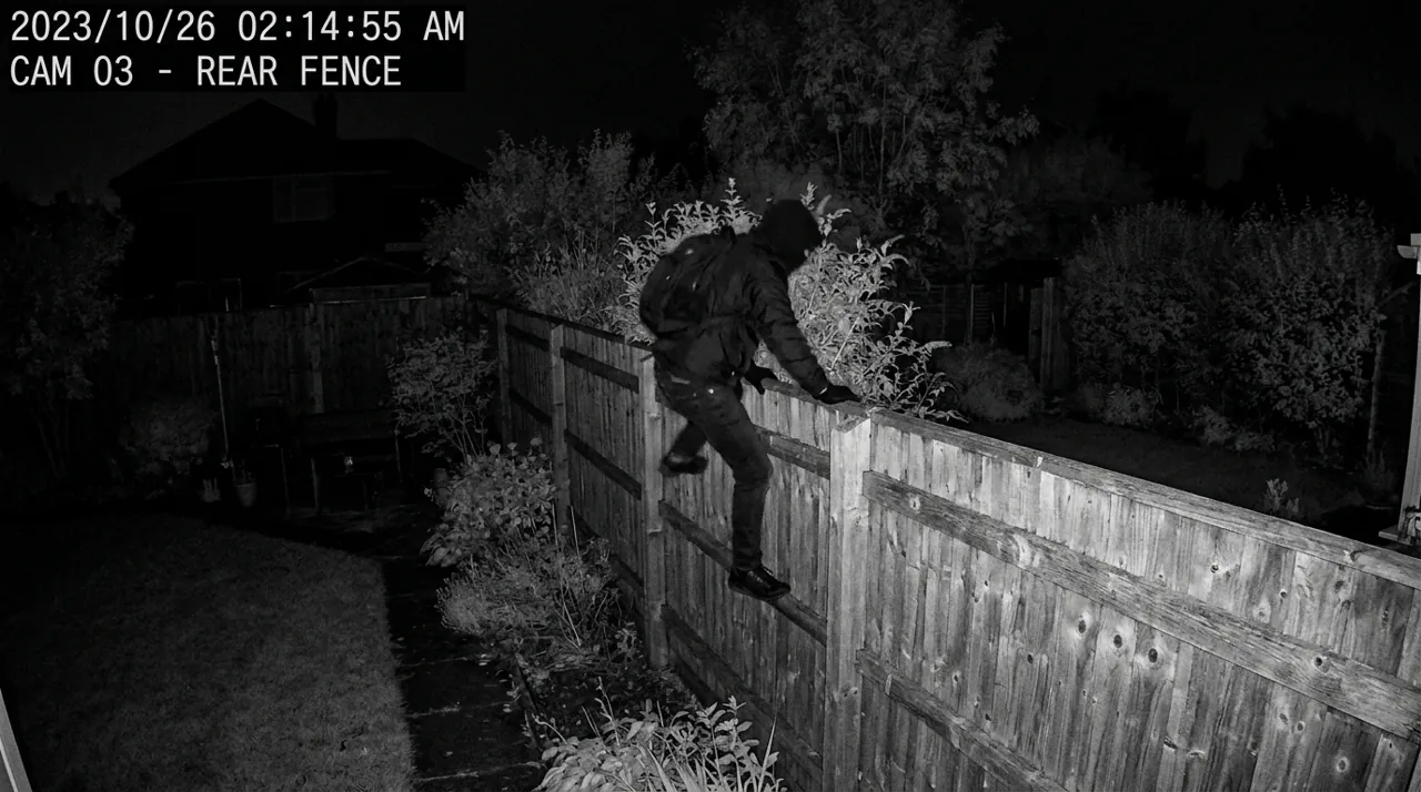A figure climbing a backyard fence