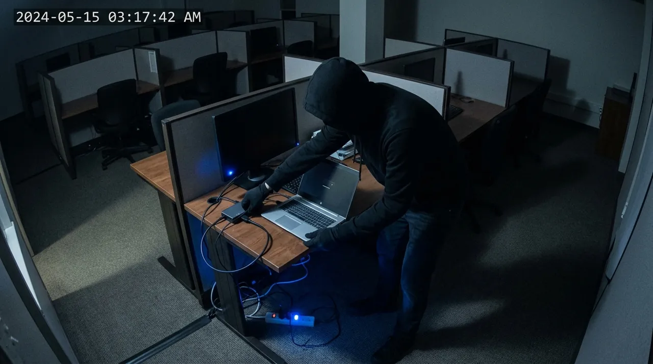 A figure disconnecting a laptop at night