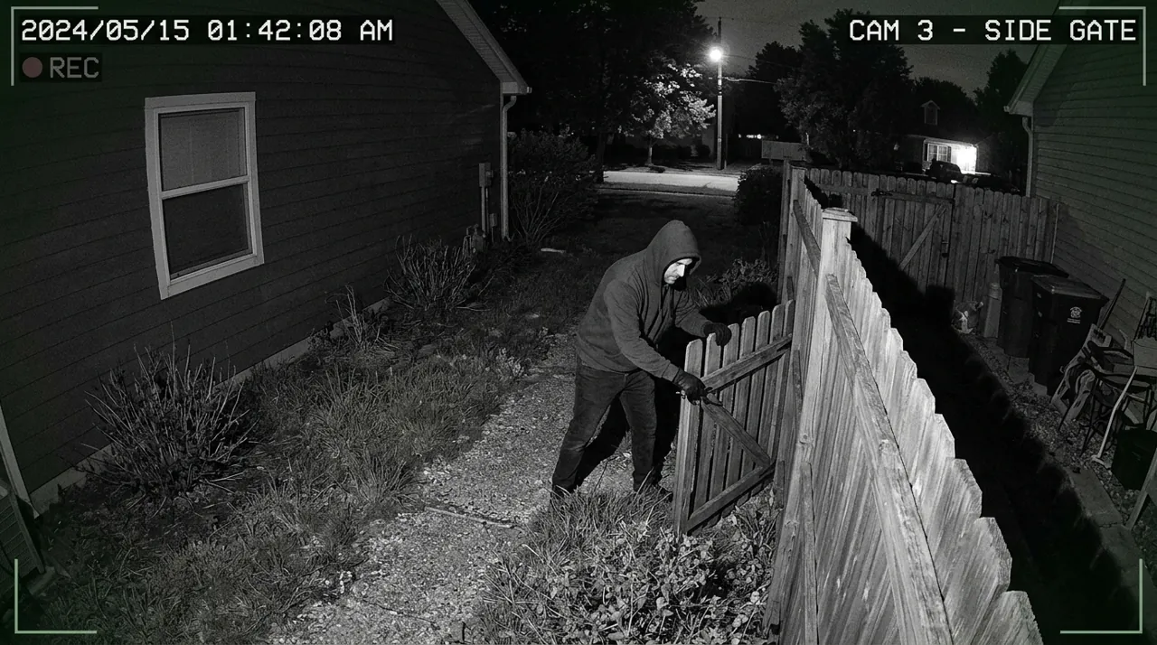 A figure opening a side gate