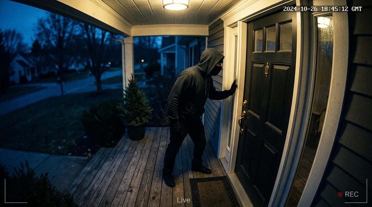 A figure peering through a front door