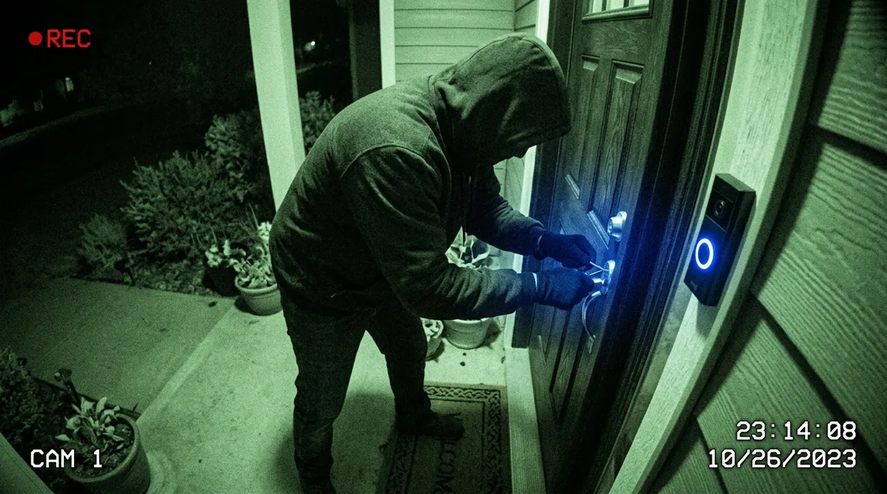 A figure picking a front door lock