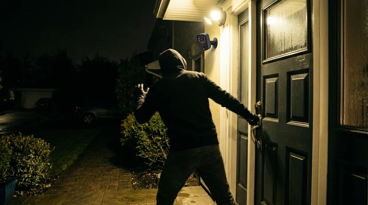 A figure pulling back from a door