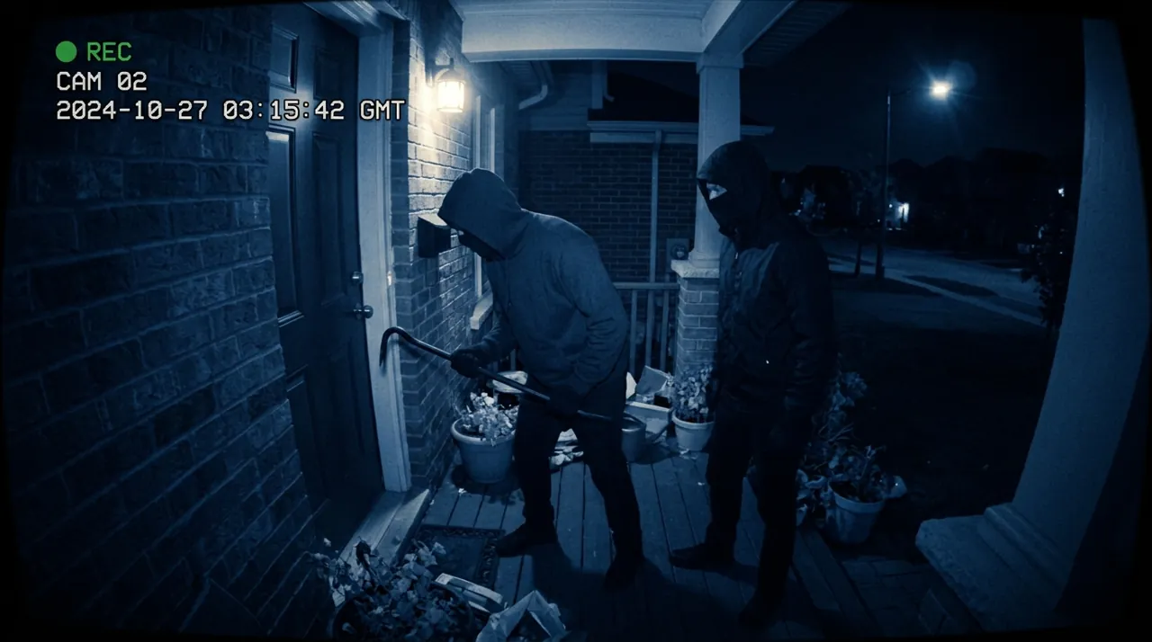 Two figures standing with a crowbar on a porch