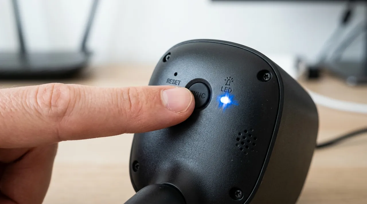 A finger pressing a camera sync button