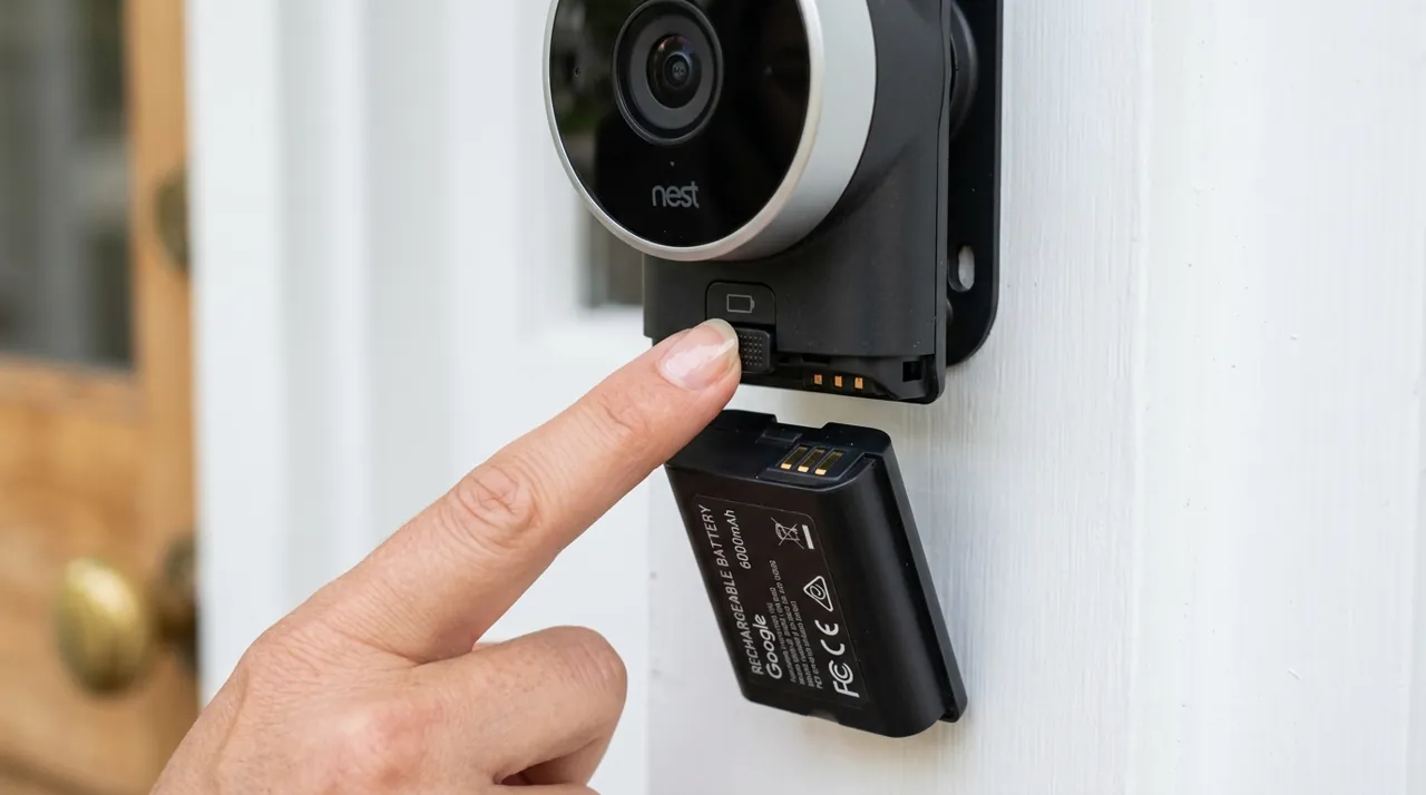 A finger pressing a doorbell battery release