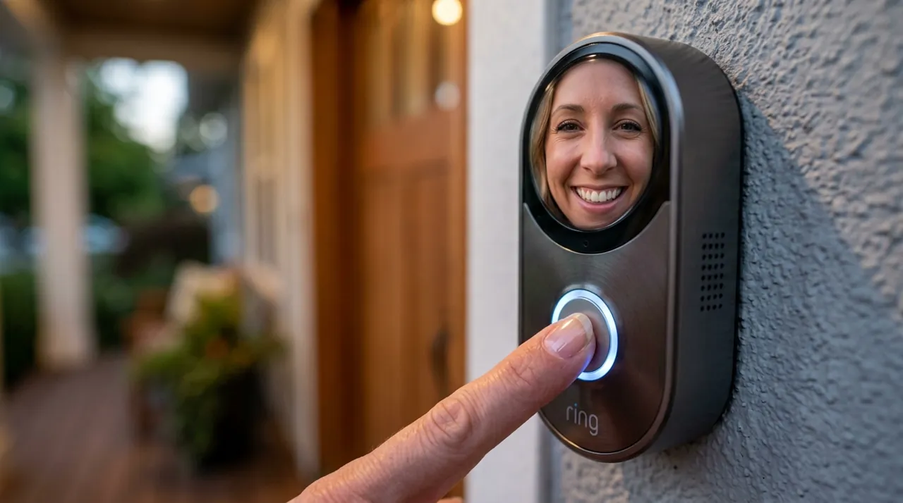A finger pressing a video doorbell button