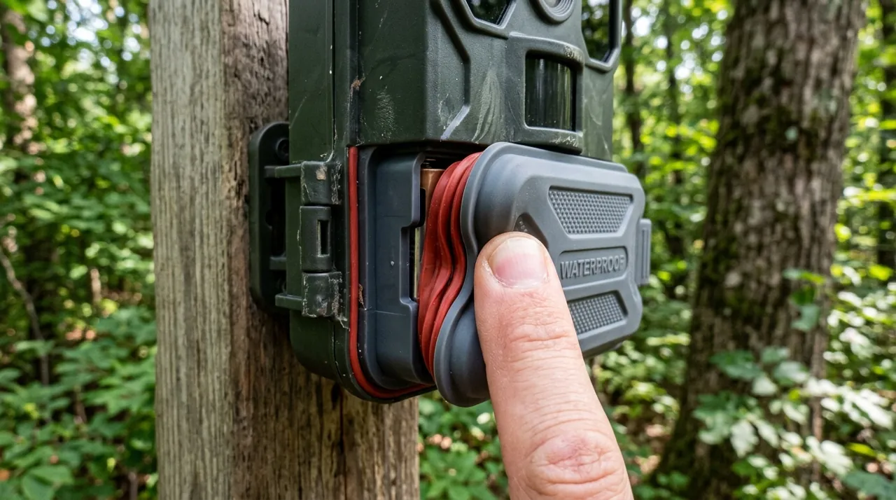Fingers closing a camera battery hatch