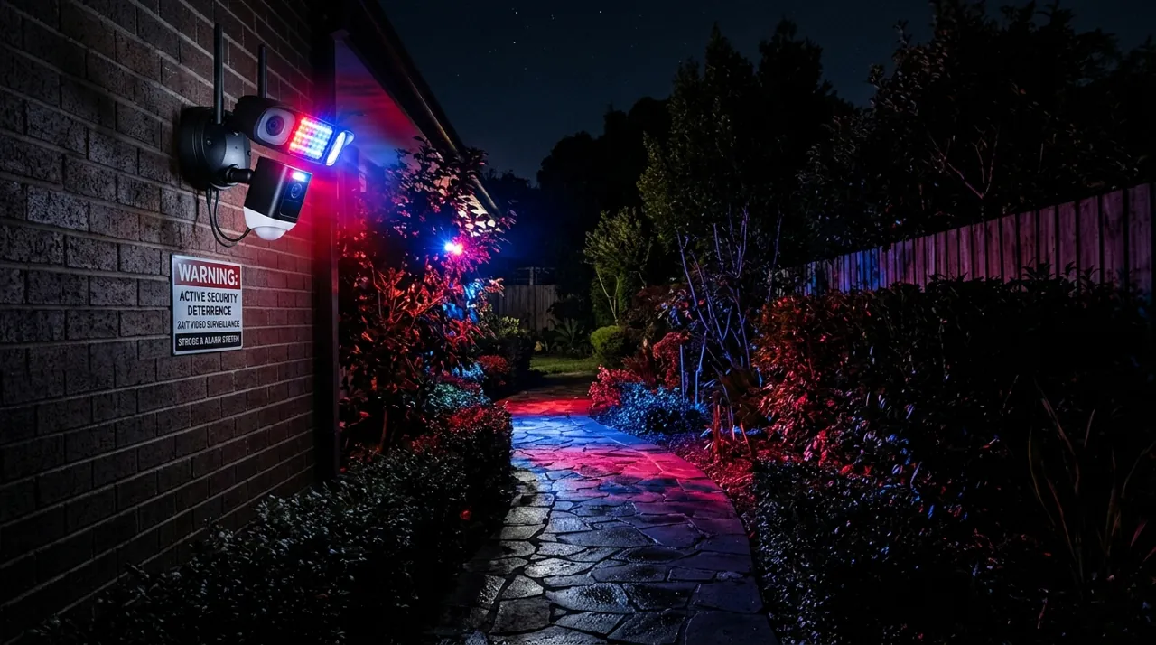 A floodlight camera flashing a red alert light