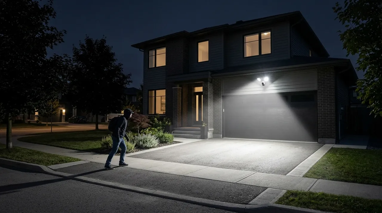 A floodlight illuminating a trespasser