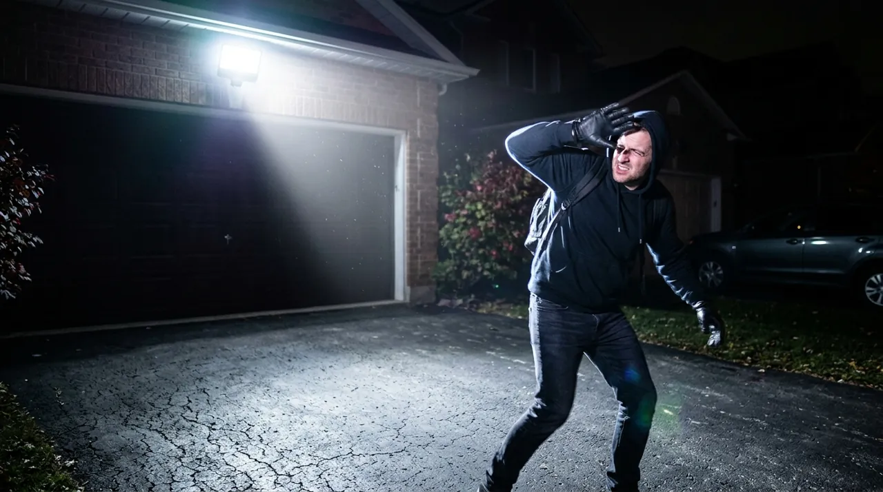 A floodlight illuminating an intruder as a deterrent