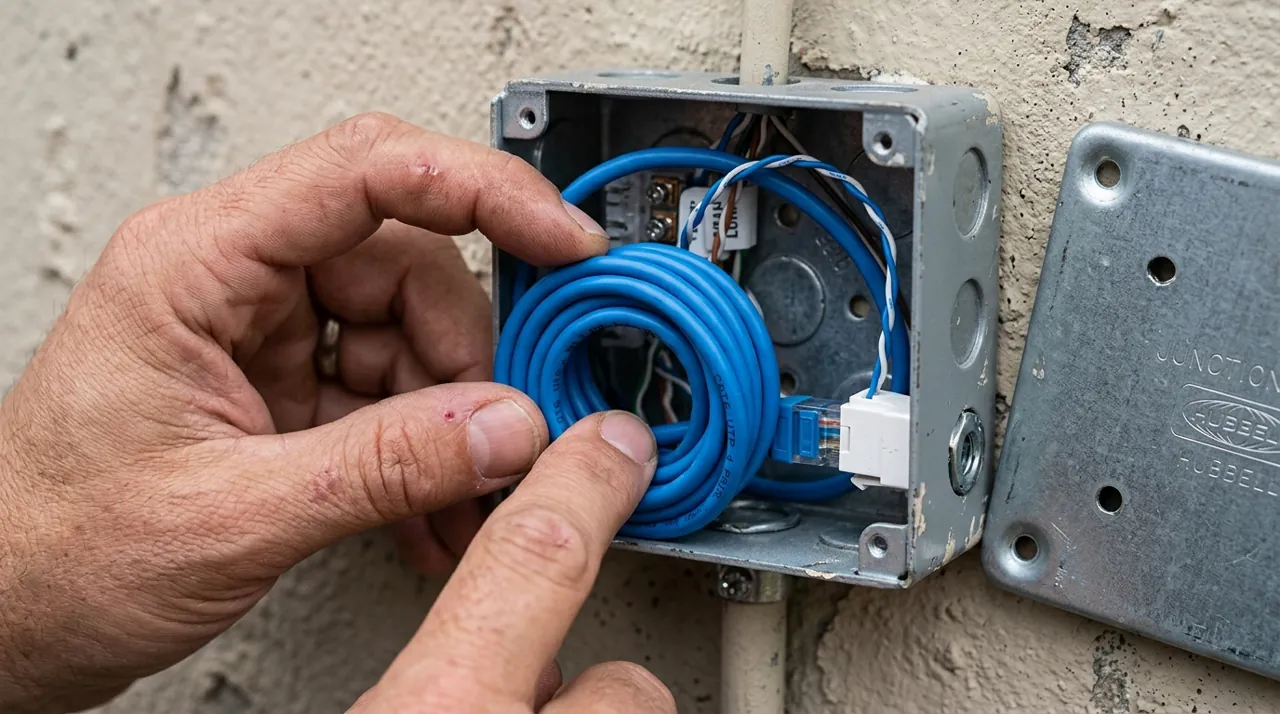 Folding an ethernet cable inside a junction box