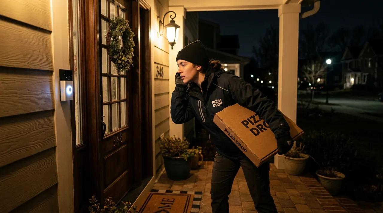 A food courier listening to a doorbell