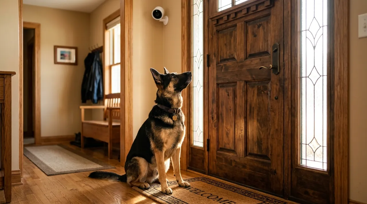 A German shepherd looking at a camera