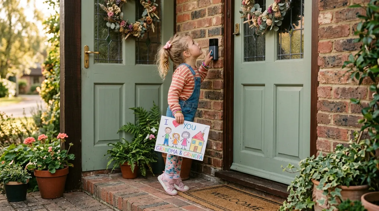 A girl speaking into a video doorbell