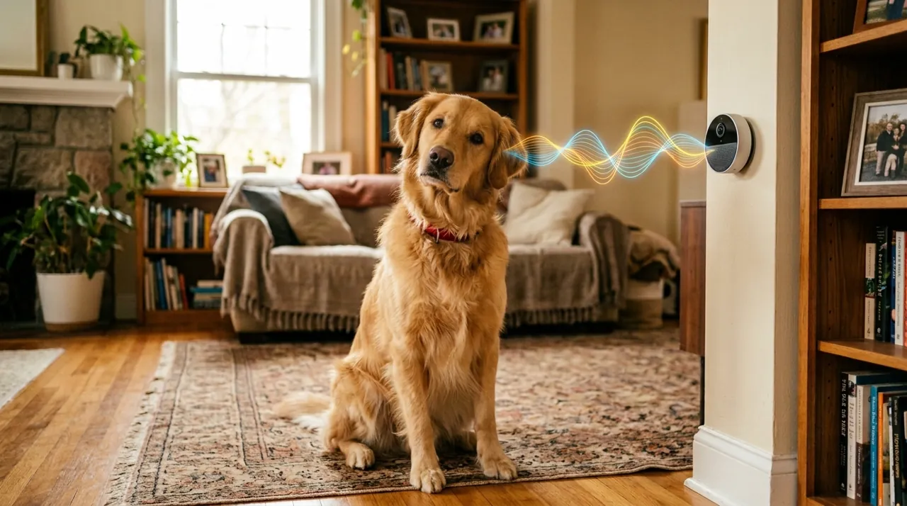A golden retriever listening to a speaker