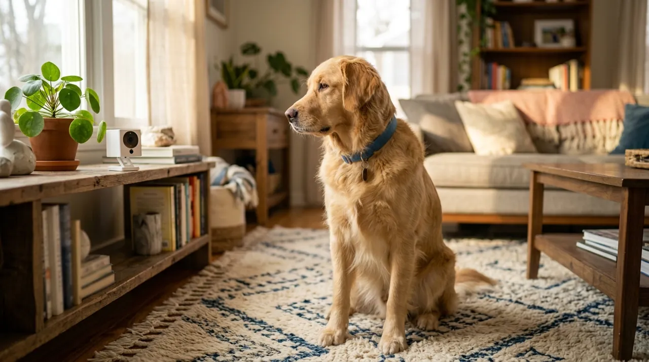 A golden retriever looking at a security camera