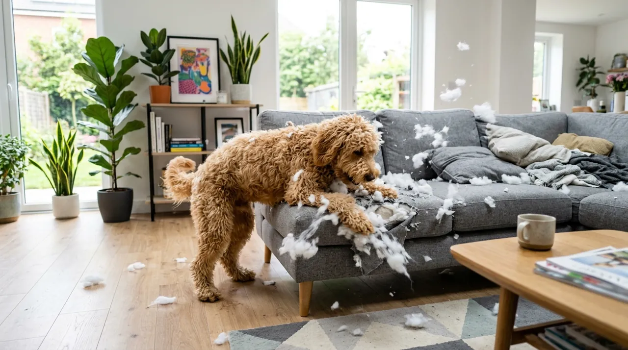 A goldendoodle digging into sofa cushions