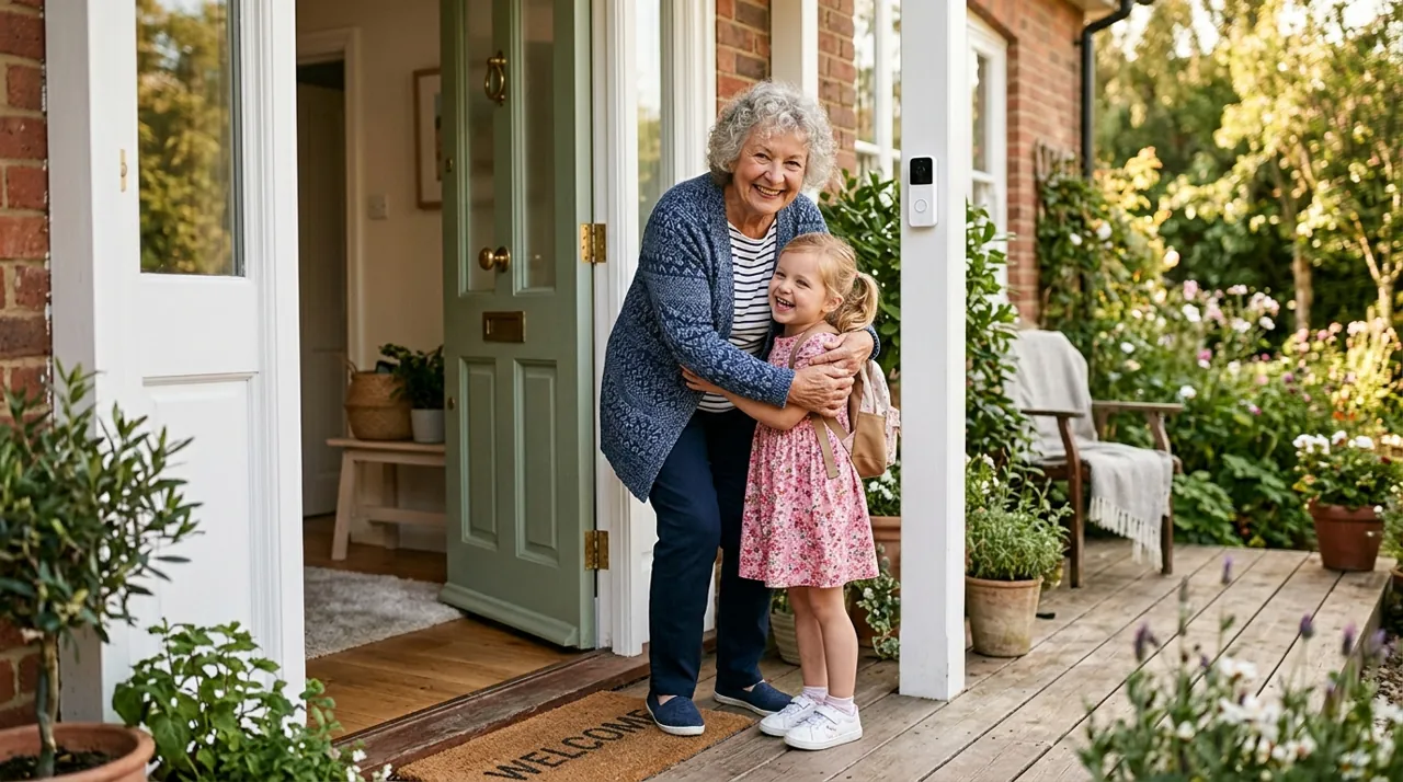 A grandmother greeting a granddaughter