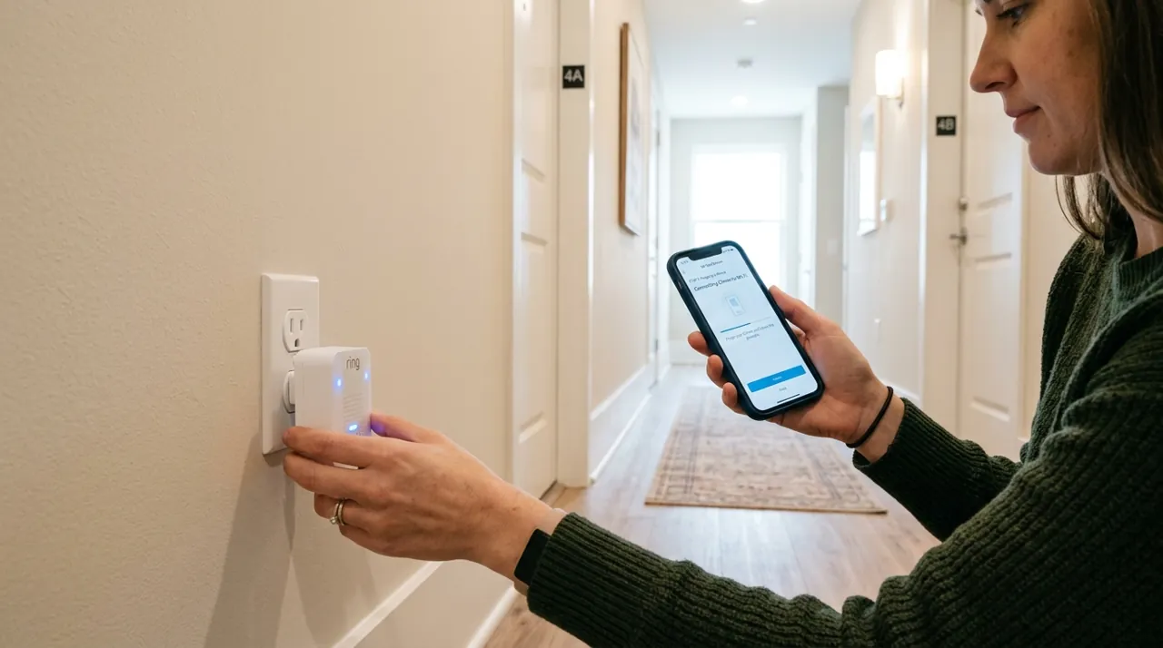 A hand plugging a doorbell into an outlet