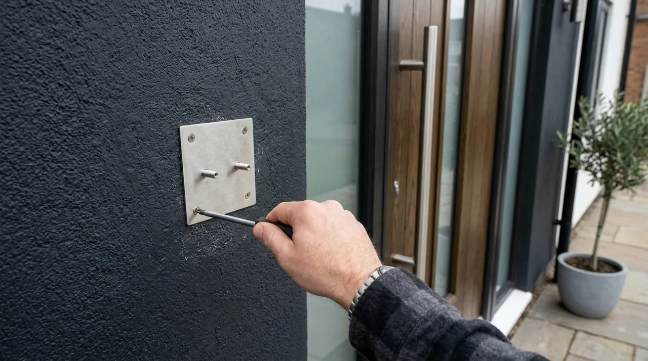 A hand screwing a metal backplate to a wall