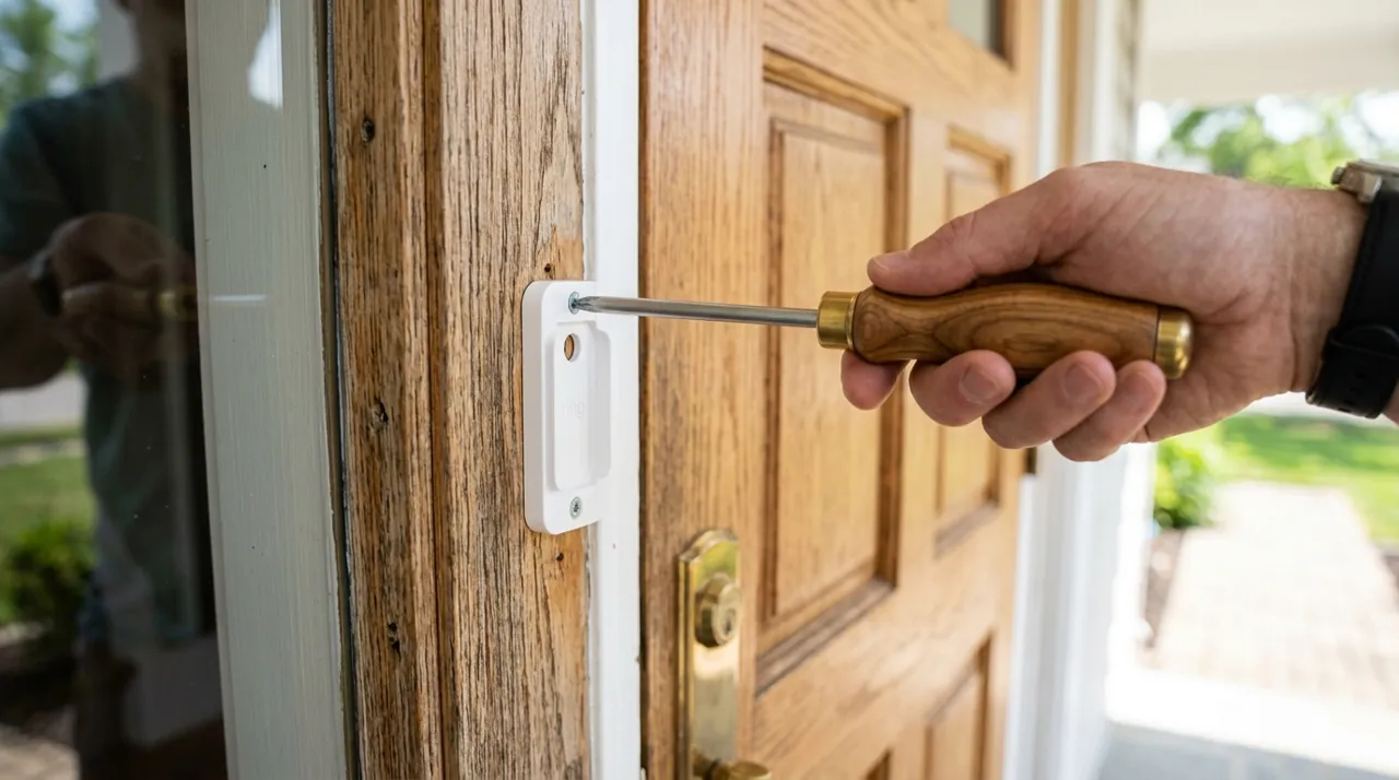 A hand securing a bracket into a door frame
