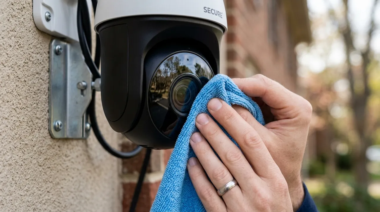 A hand wiping a security camera lens clean