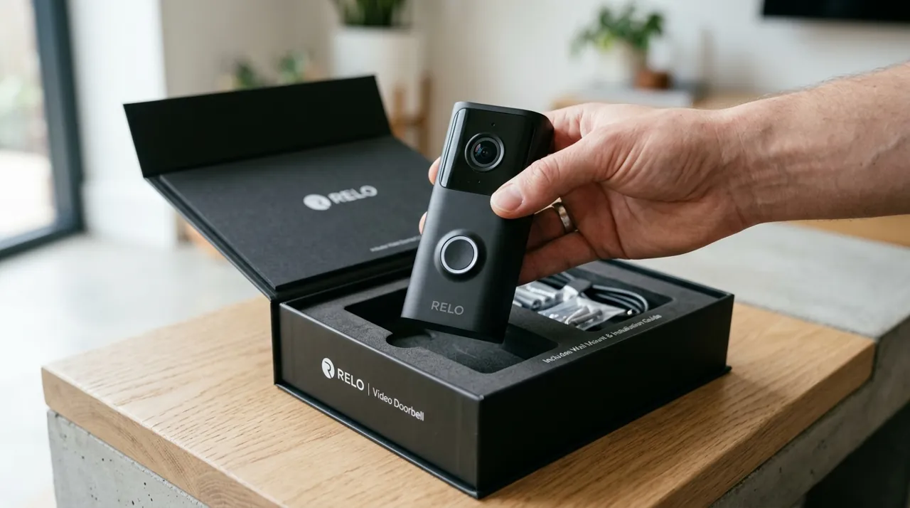 Hands lifting a video doorbell camera for installation