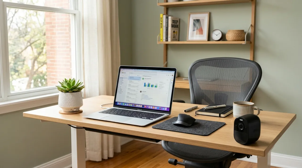 A home office setup with a security camera