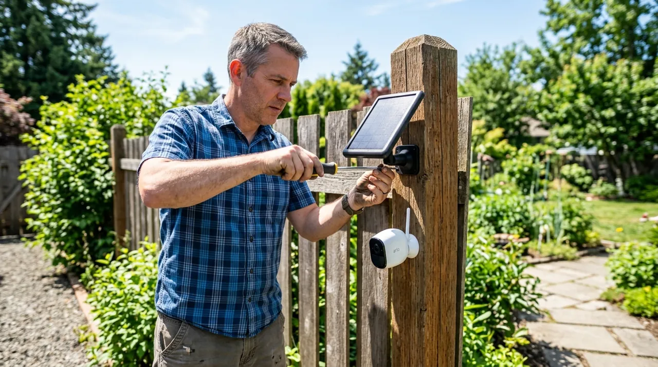 A homeowner mounting a solar panel
