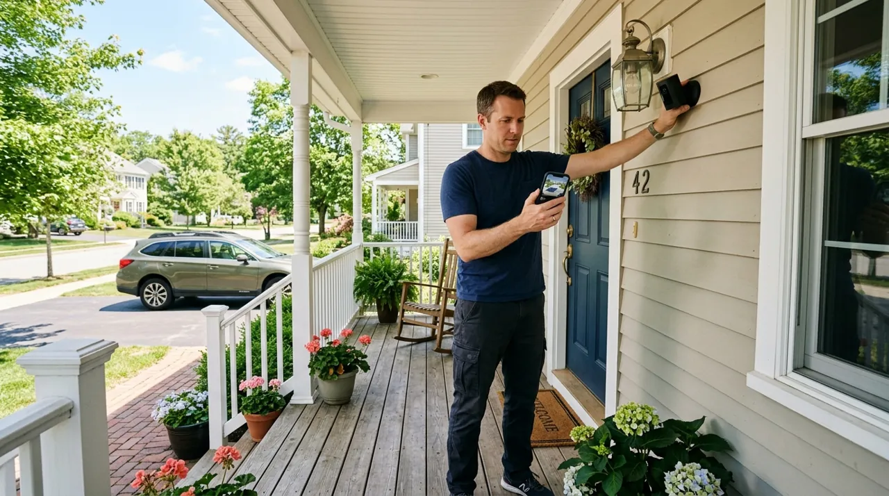 A homeowner testing a wireless camera