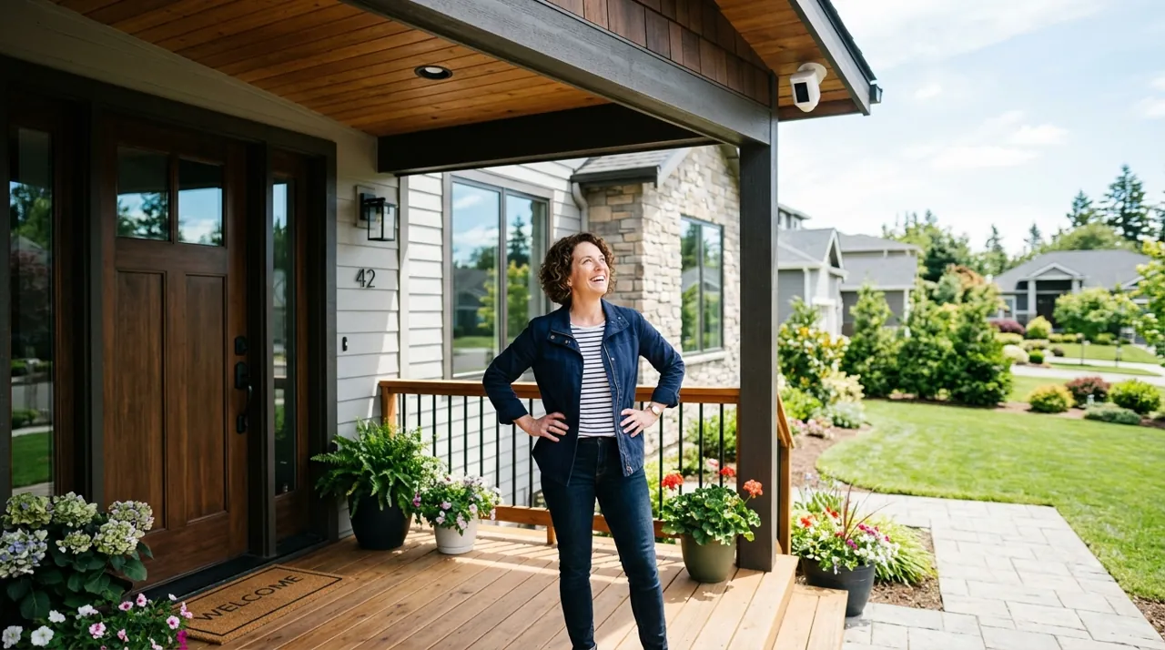 A homeowner viewing a wireless camera feed
