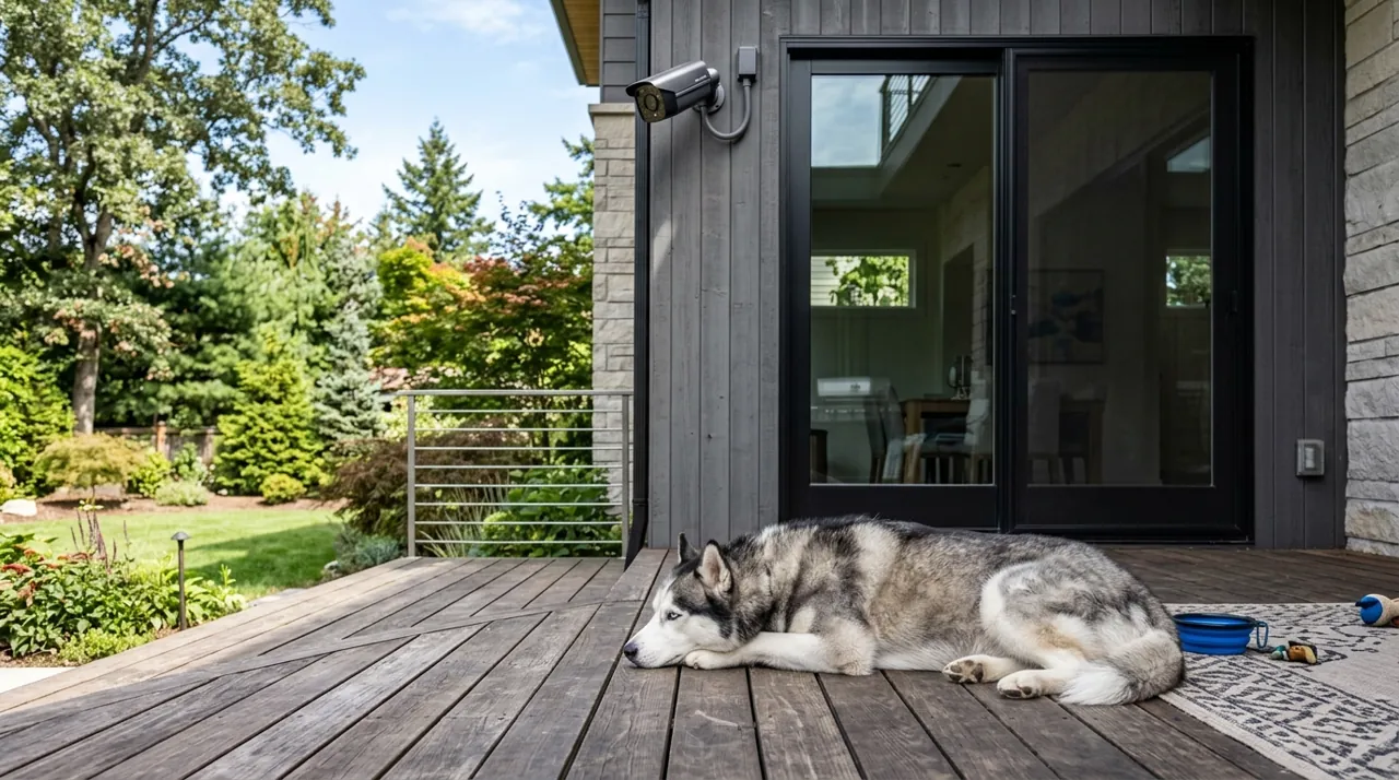 A husky laying on a patio deck