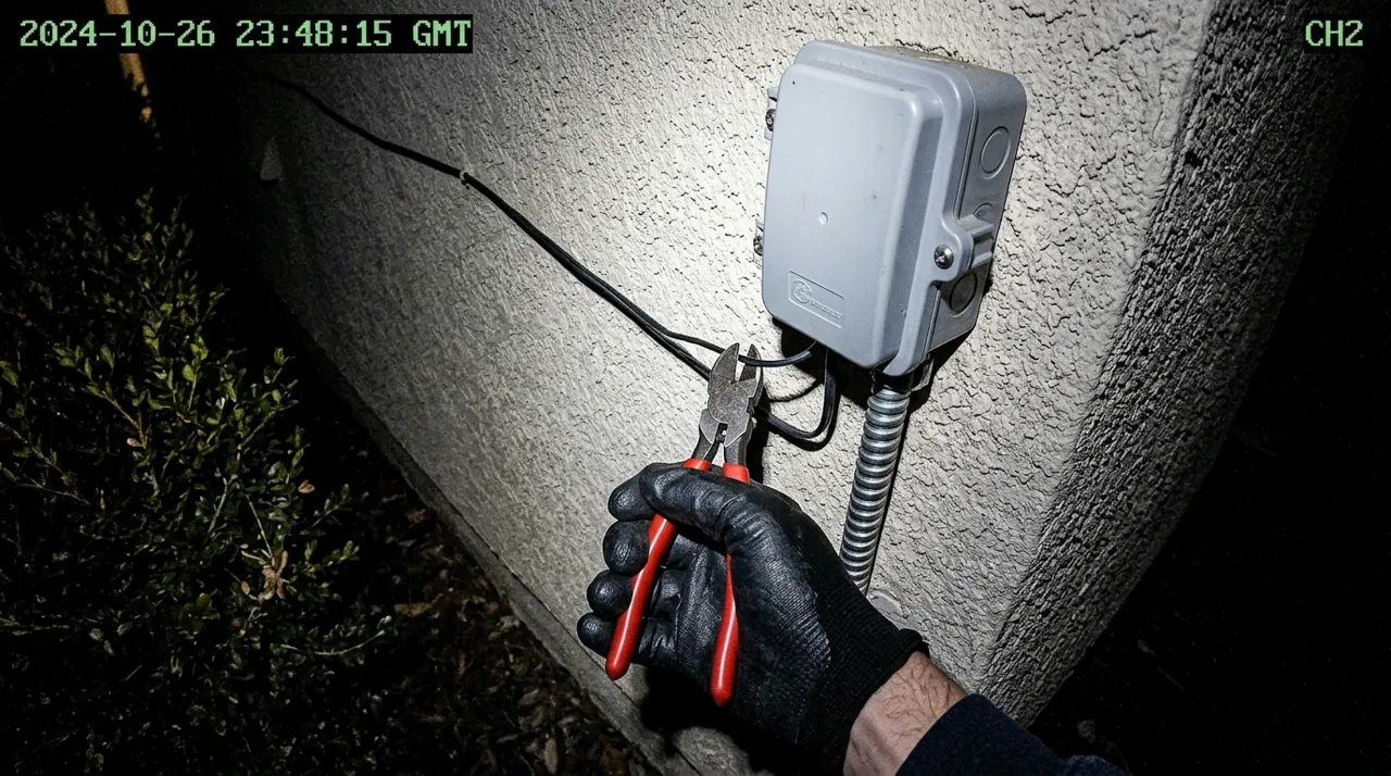 An intruder cutting sensor wires