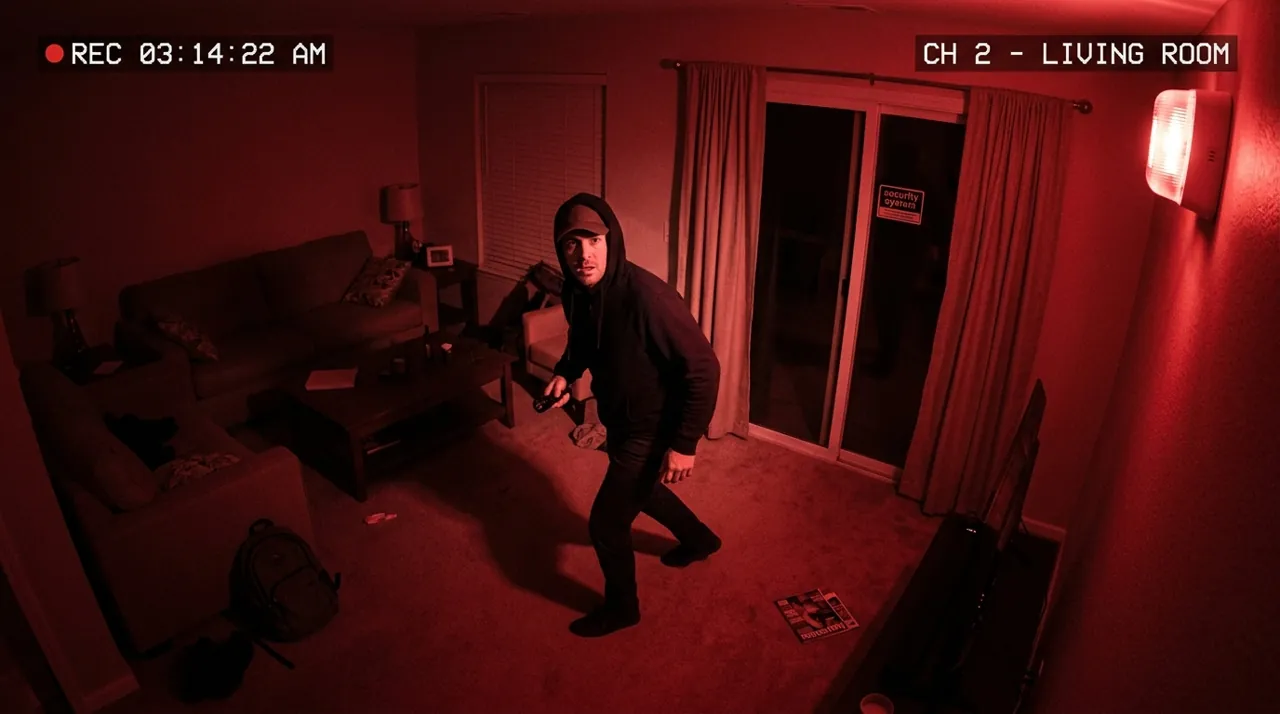 An intruder freezing during an alarm