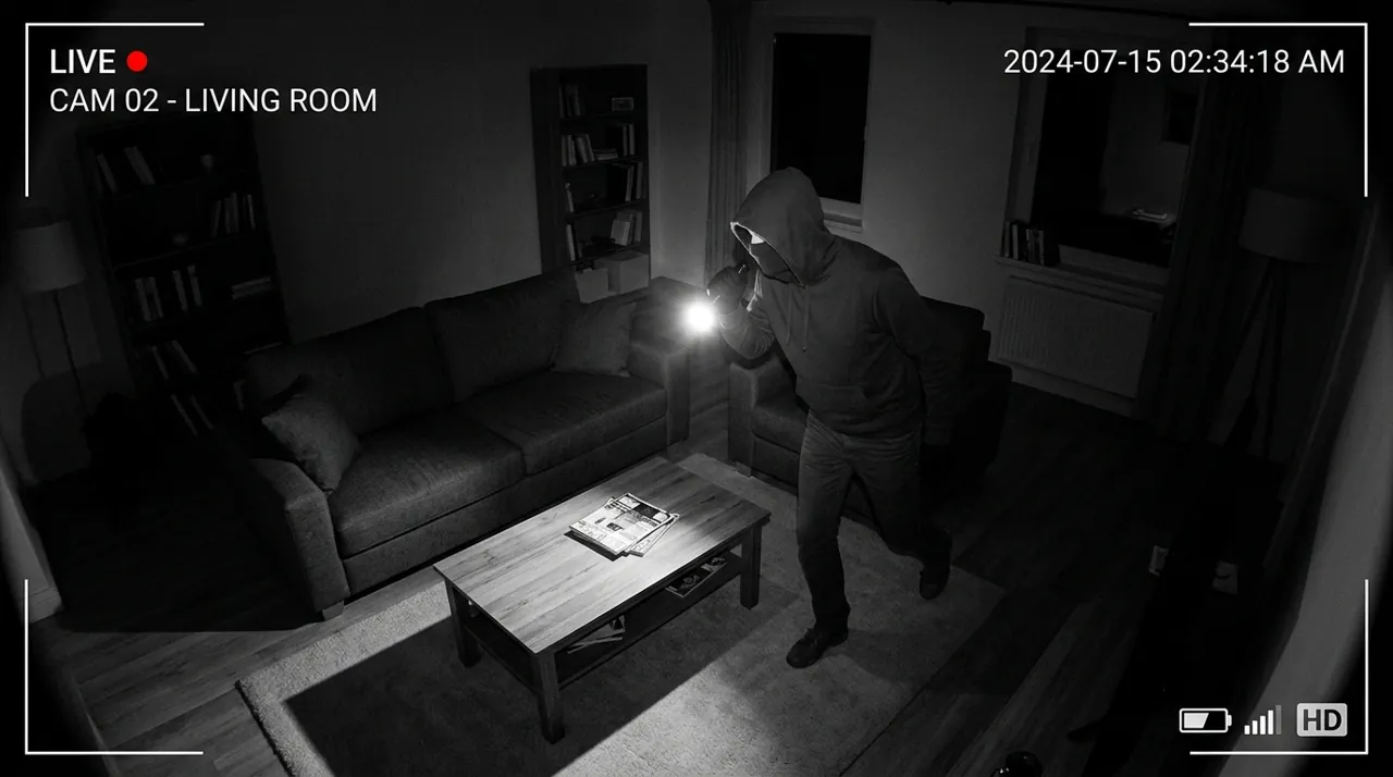 An intruder holding a flashlight in a room