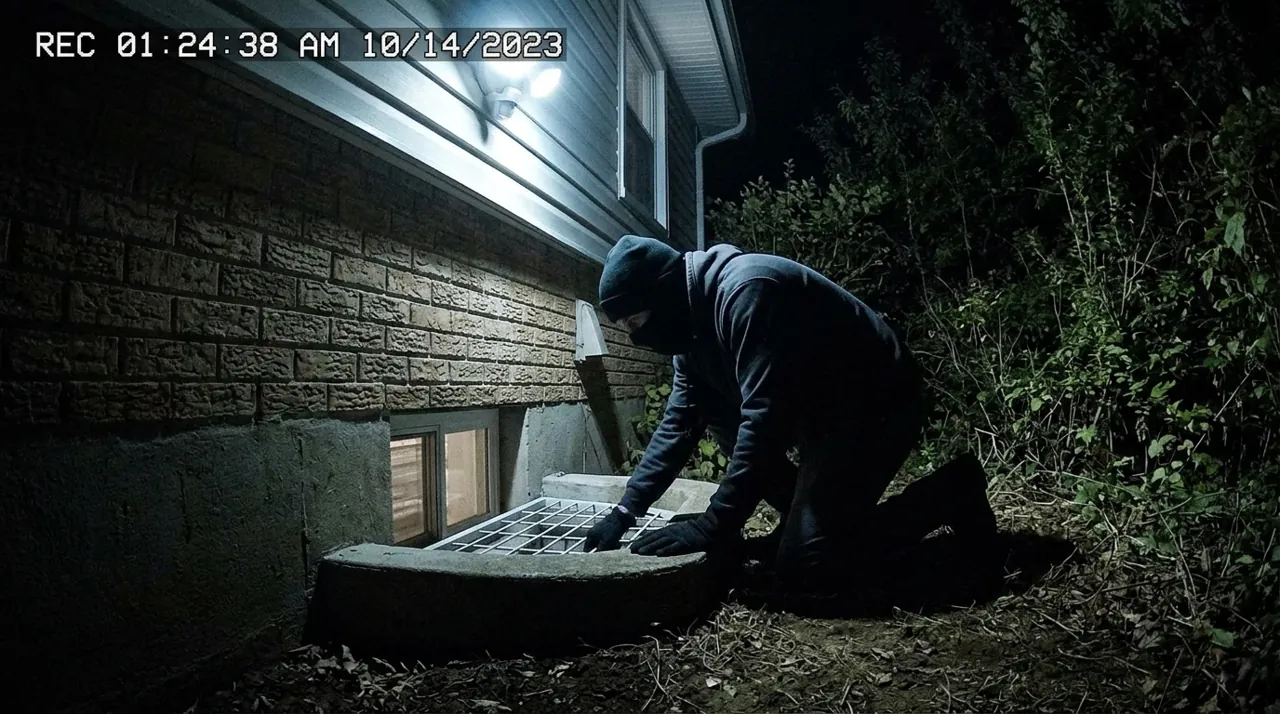 An intruder kneeling by a basement window