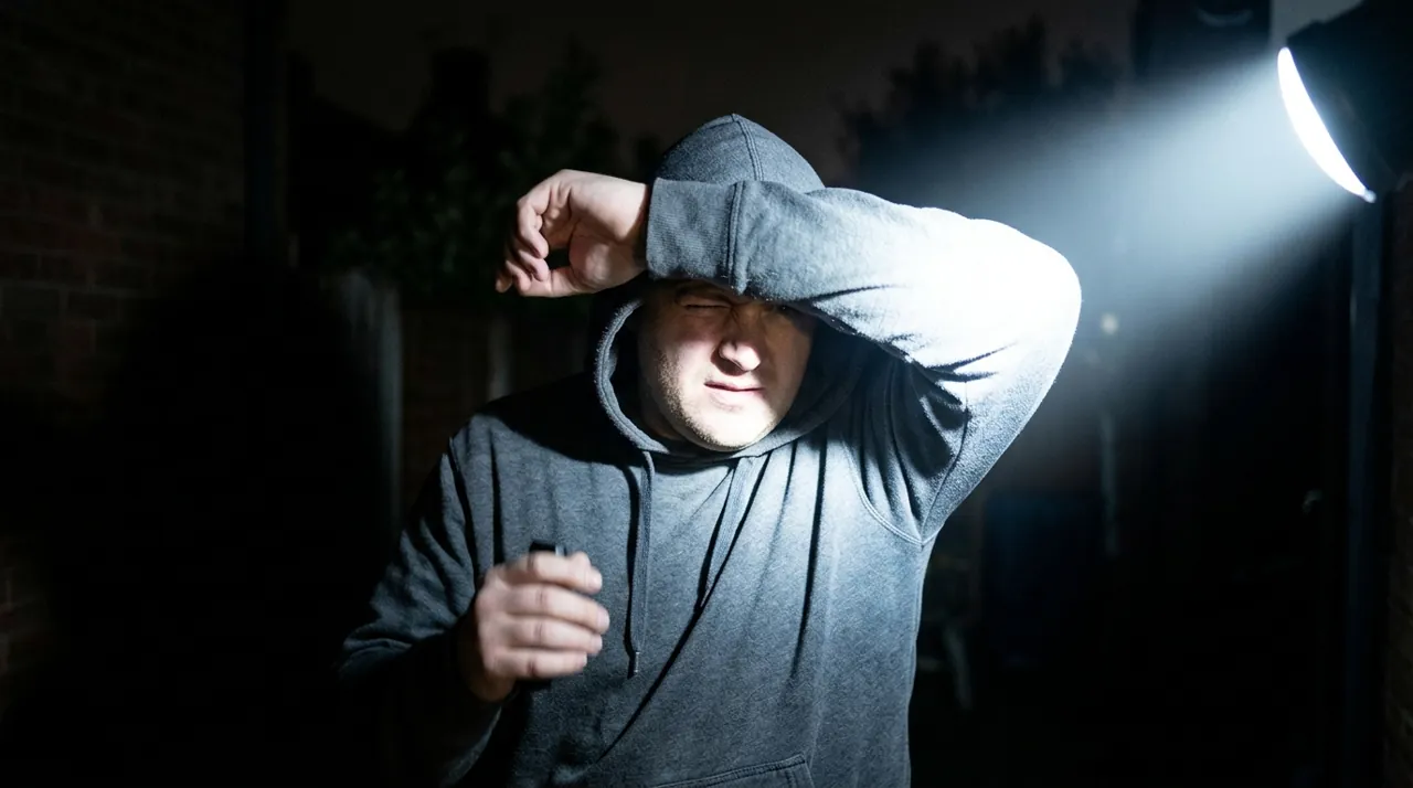 An intruder shielding their eyes from a spotlight