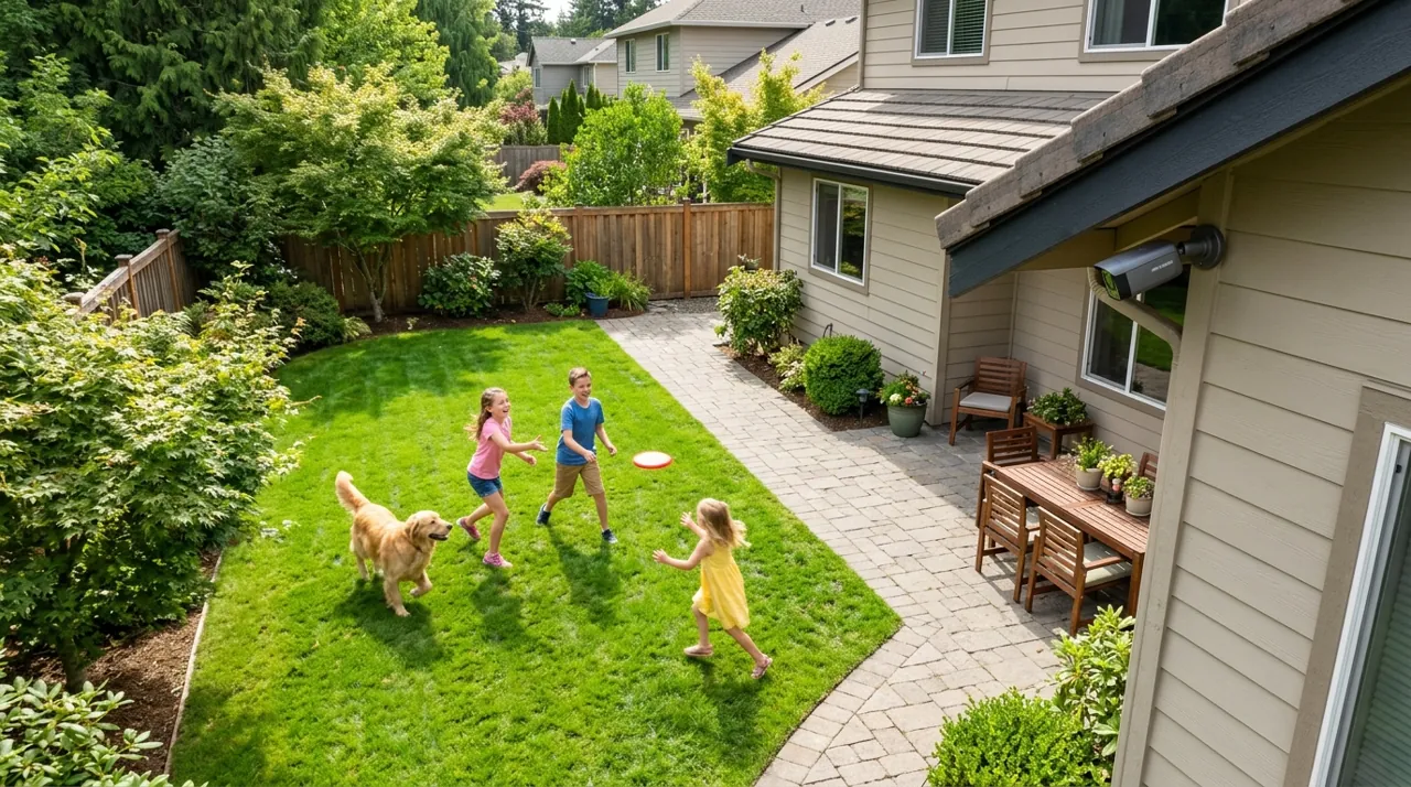 Kids playing with a frisbee in a backyard