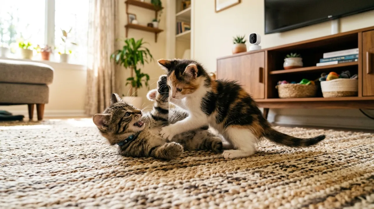 Kittens wrestling on a rug