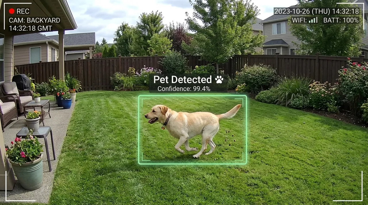 A labrador running in a backyard