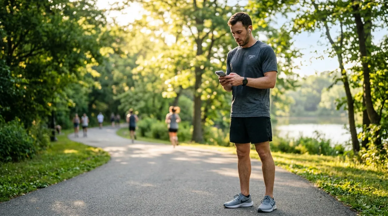 A man checking his phone while jogging