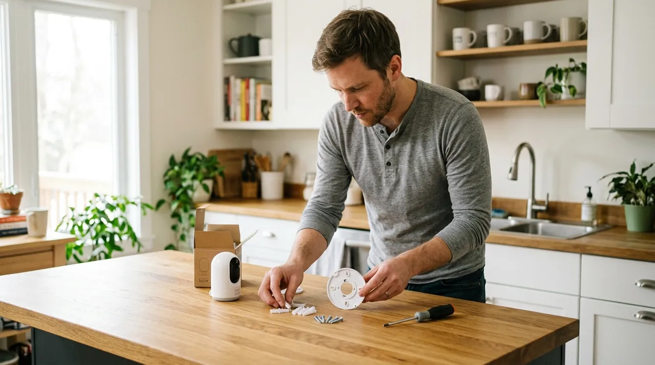 A man examining camera mounting hardware