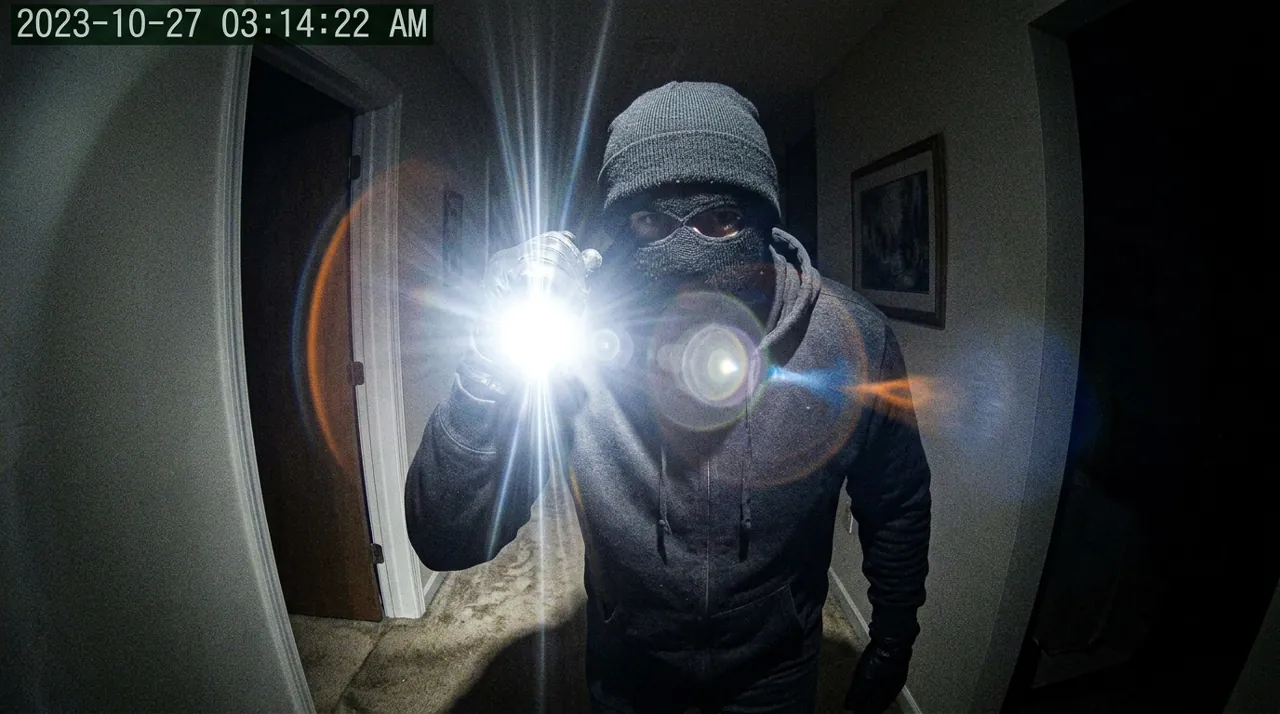 A masked intruder shining a flashlight