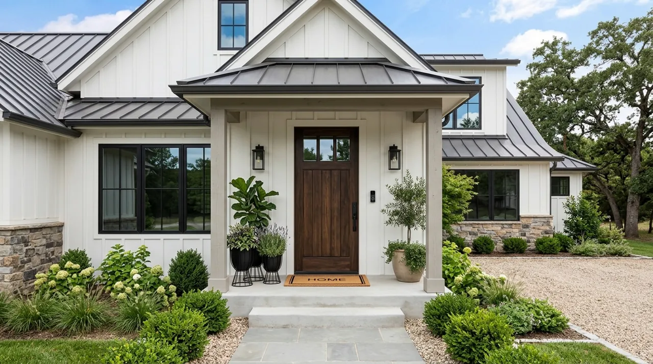 A modern farmhouse entrance with a doorbell camera