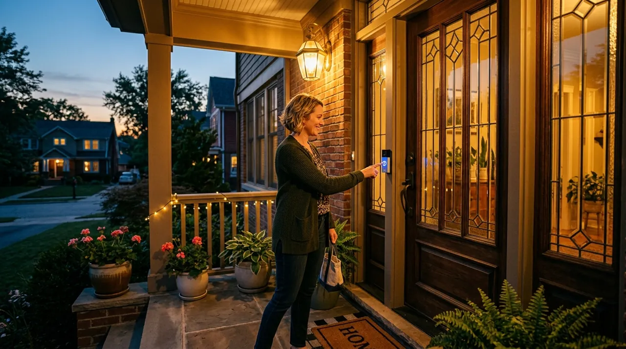 A neighbor pressing a video doorbell