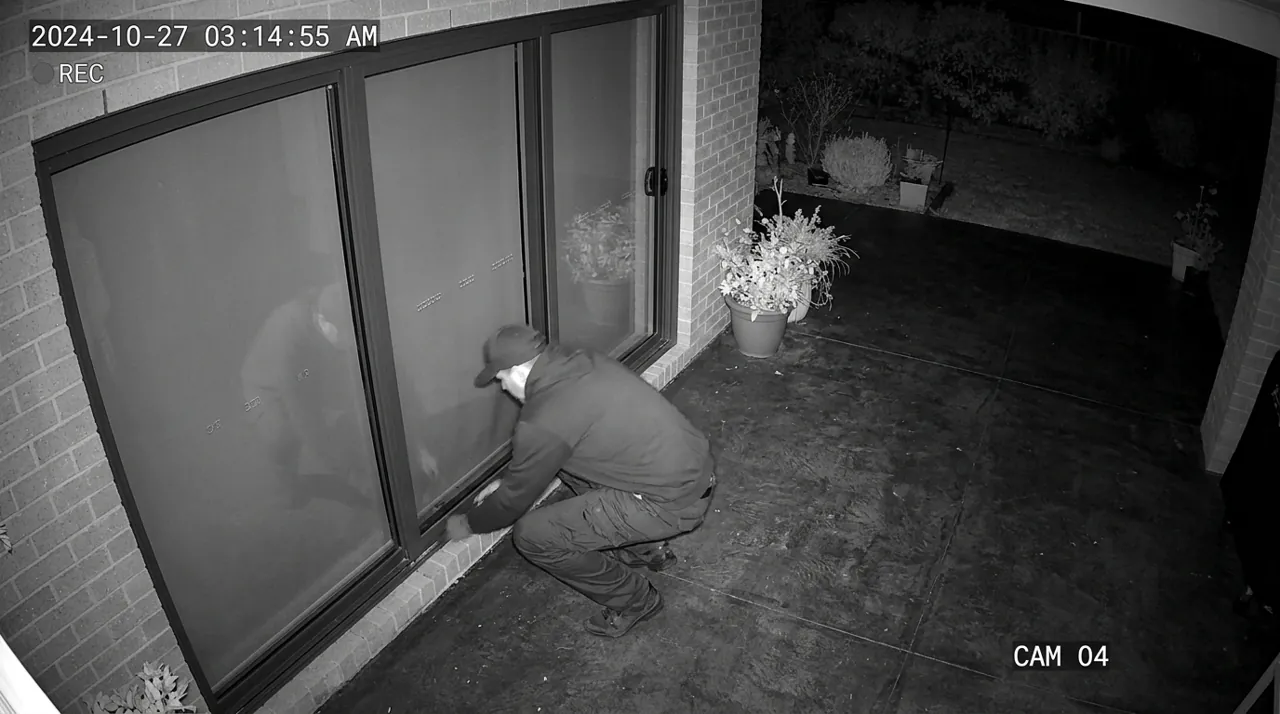 A person crouching near a patio door