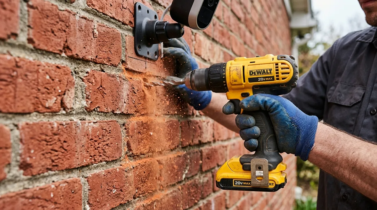A person drilling into a red brick wall to mount a camera